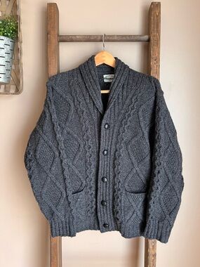 Aran Crafts Merino Wool Charcoal Cable Knit Shawl Collar Cardigan Sweater